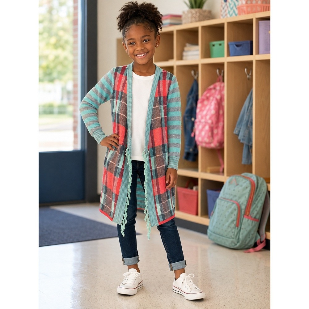 Matilda Jane Steadfast Open Front Cardigan Plaid Striped Fringe Teal Girls Sz 8